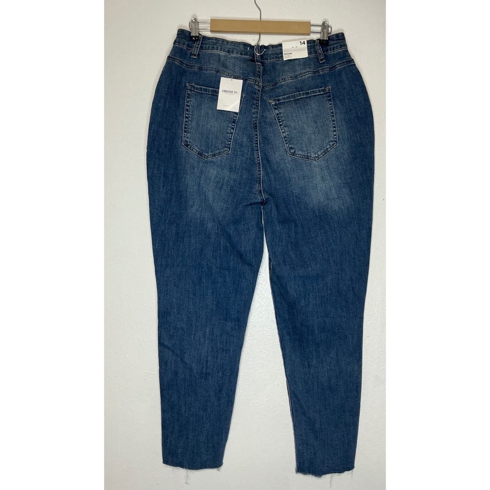Forever 21+ Mom Jeans 14 High Rise  Blue Denim Raw Hem Basic Minimalist Stretch‎ - Picture 2 of 11